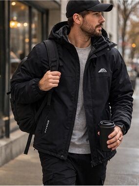 Waterproof Hooded Fleece Lined Black Jacket Size L